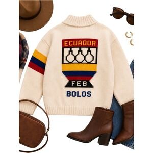 Handmade Ecuador Wool Sweater Jacket Trophy Graphic Full Zip Cardigan Vintage